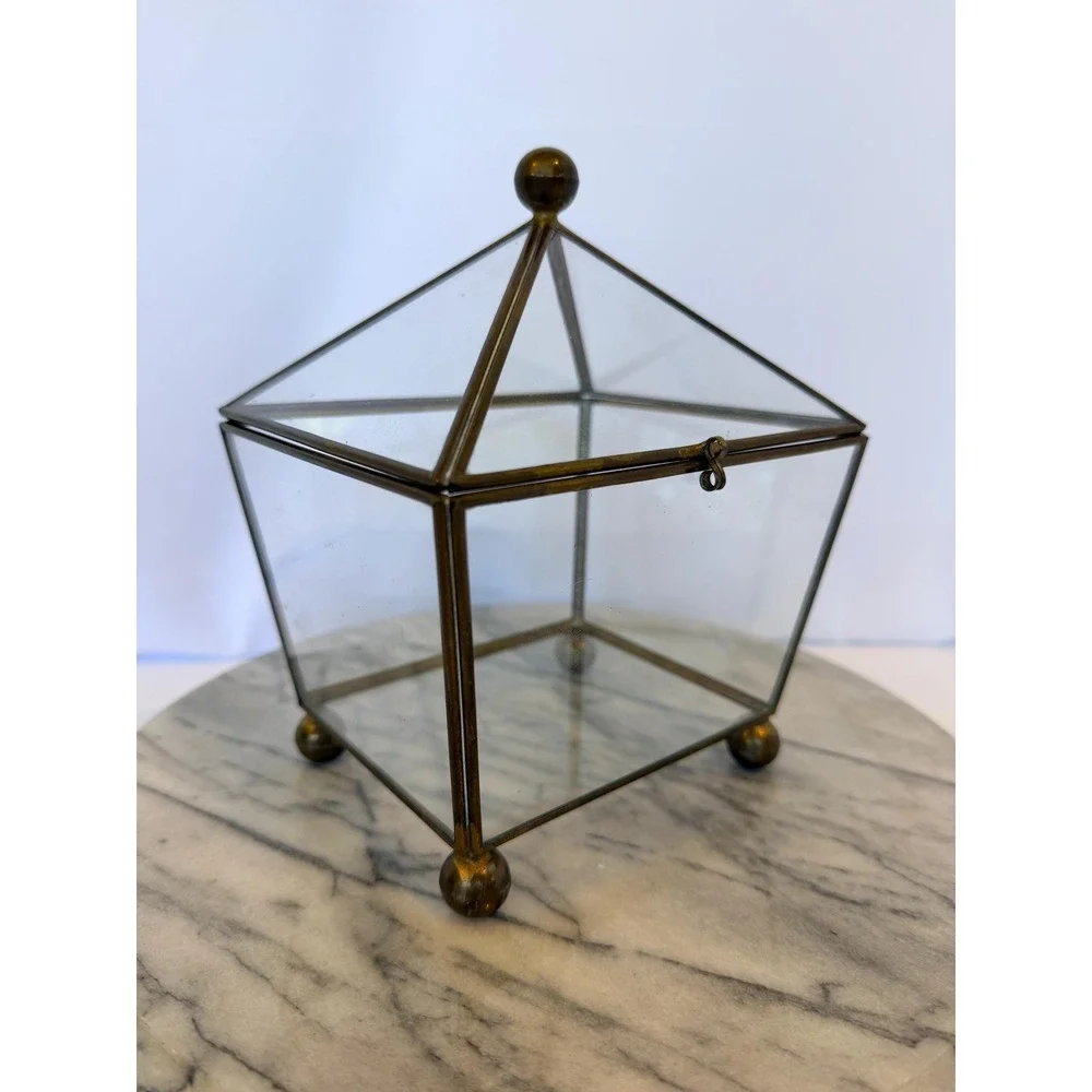 Vintage Brass and Glass Geometric Pyramid Display Box - Jewelry Case Ball Feet
